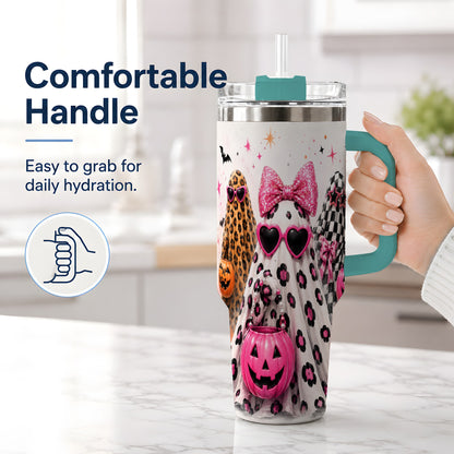 #pl[40oz|Green] Pink Leopard Halloween Ghost 40oz Tumbler, Pumpkin Artwork Drinkware