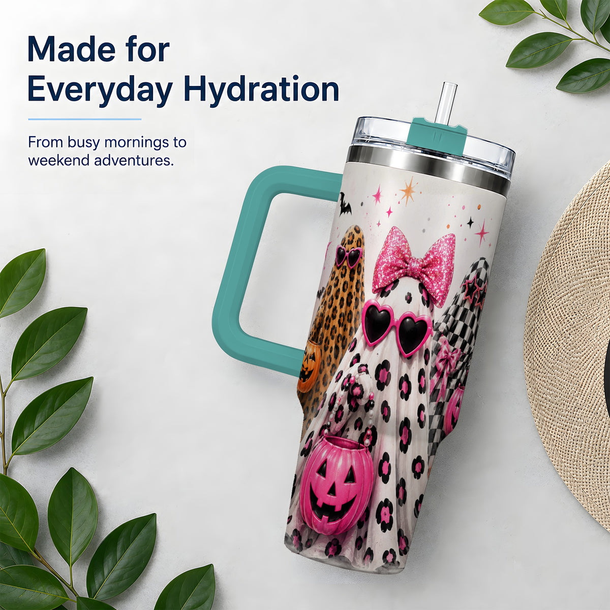#pl[40oz|Green] Pink Leopard Halloween Ghost 40oz Tumbler, Pumpkin Artwork Drinkware