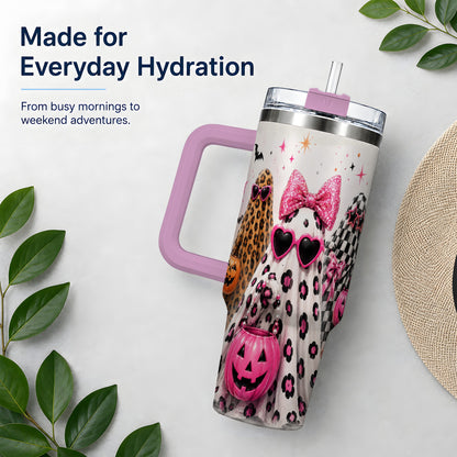 #pl[40oz|Pink] Pink Leopard Halloween Ghost 40oz Tumbler, Pumpkin Artwork Drinkware