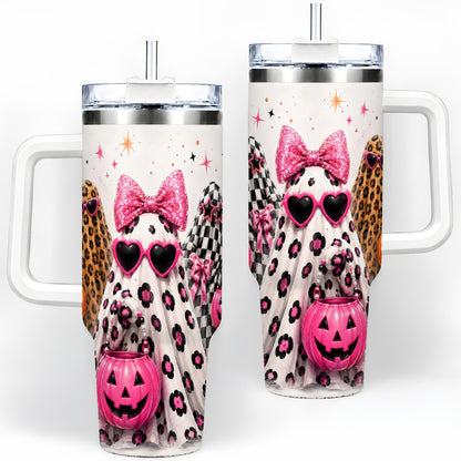 Pink Leopard Halloween Ghost 40oz Tumbler, Pumpkin Artwork Drinkware