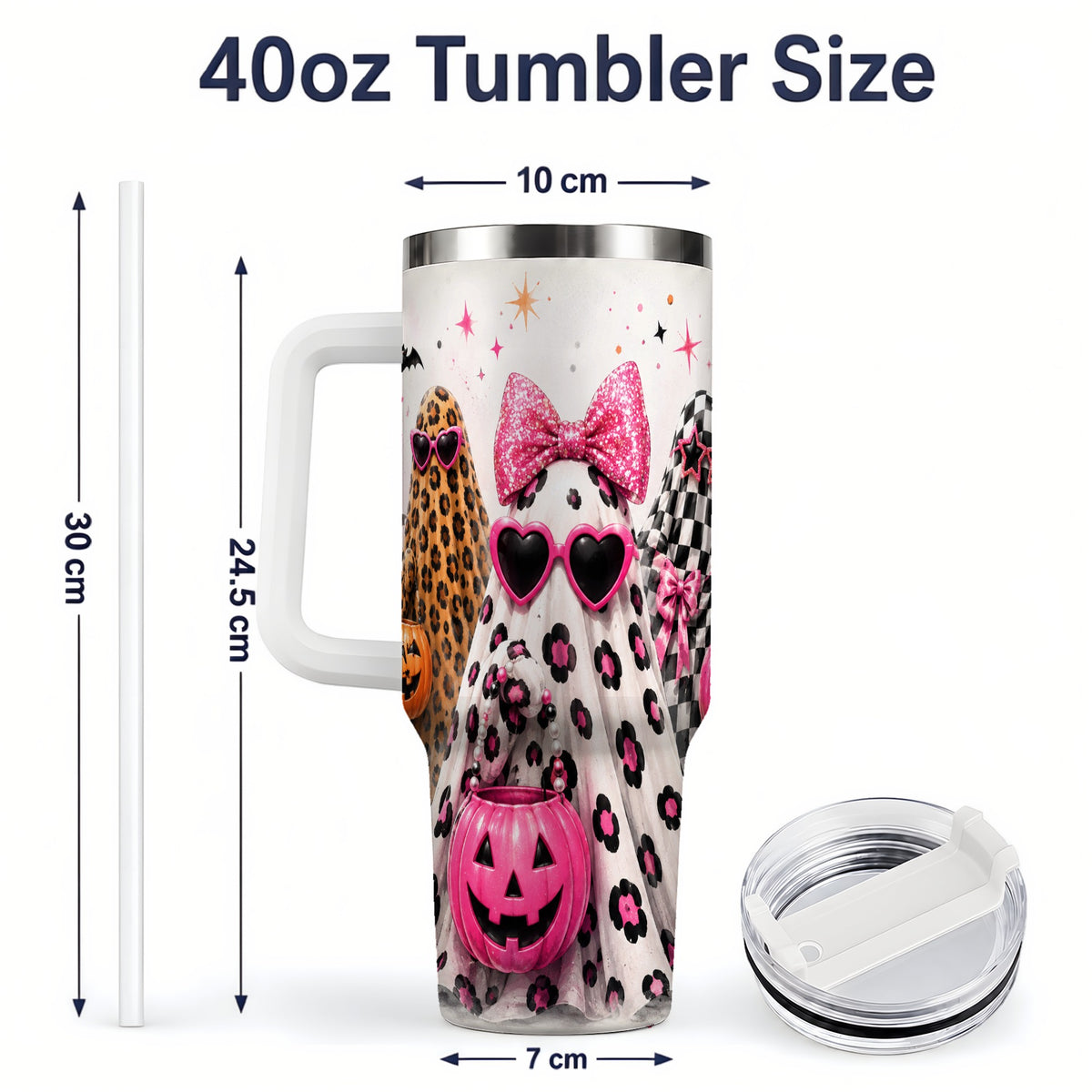 #pl[40oz|White] Pink Leopard Halloween Ghost 40oz Tumbler, Pumpkin Artwork Drinkware