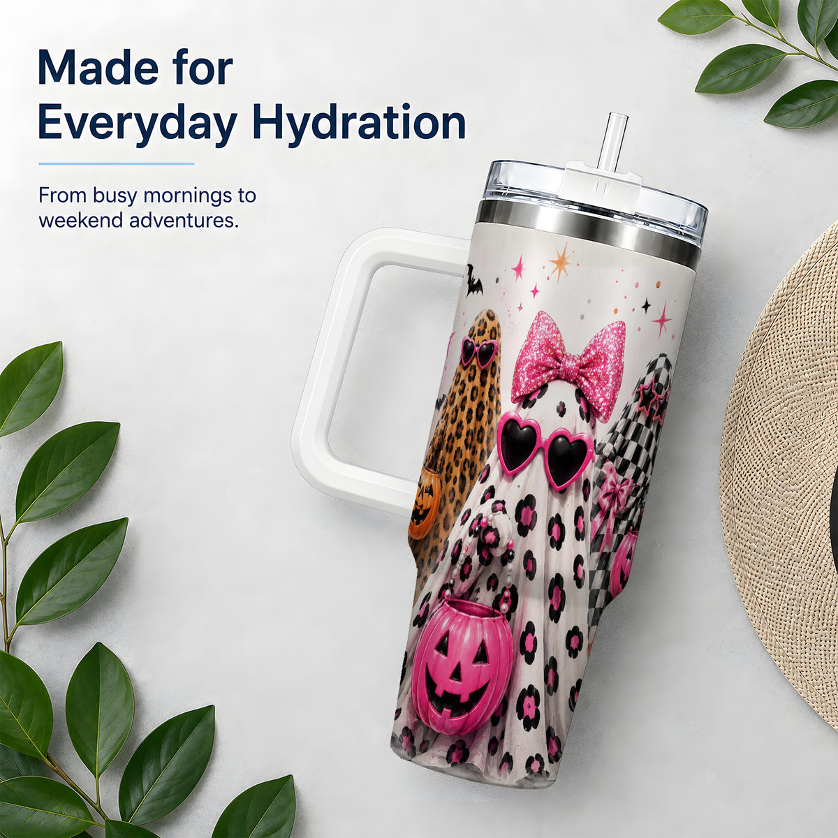 #pl[40oz|White] Pink Leopard Halloween Ghost 40oz Tumbler, Pumpkin Artwork Drinkware