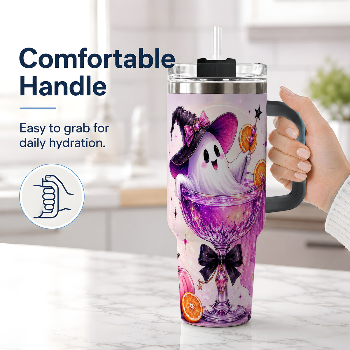 #pl[40oz|Black] Pink Witch Ghost Halloween 40oz Tumbler with Purple Drink Artwork