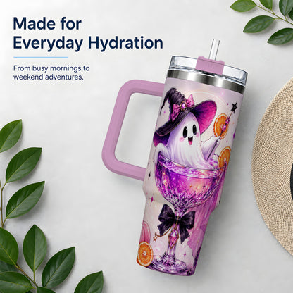 #pl[40oz|Pink] Pink Witch Ghost Halloween 40oz Tumbler with Purple Drink Artwork