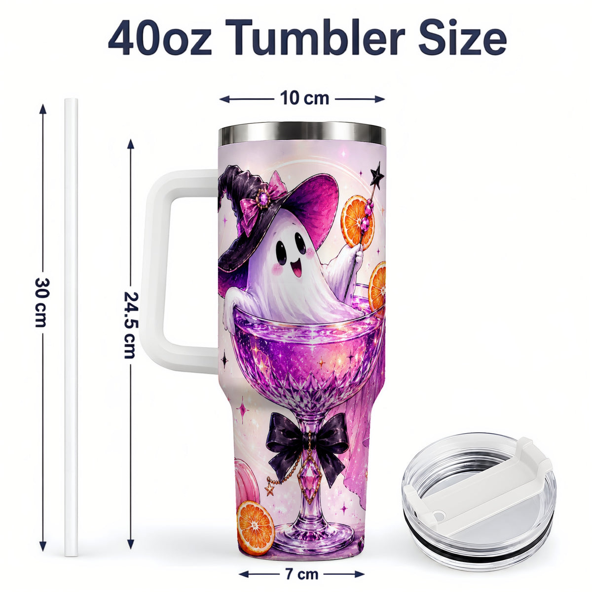 #pl[40oz|White] Pink Witch Ghost Halloween 40oz Tumbler with Purple Drink Artwork