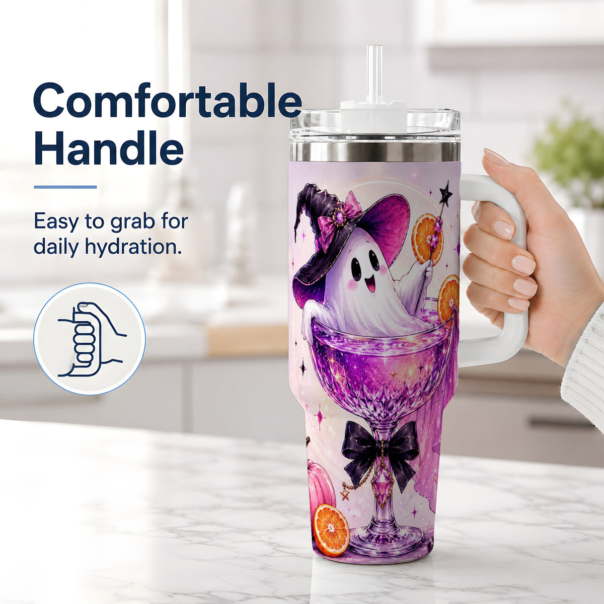 #pl[40oz|White] Pink Witch Ghost Halloween 40oz Tumbler with Purple Drink Artwork