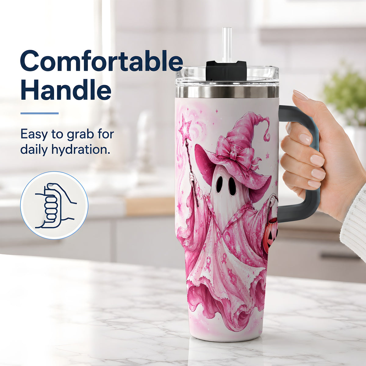 #pl[40oz|Black] Pink Ribbon Witch Ghost Halloween 40oz Tumbler for Awareness Supporters