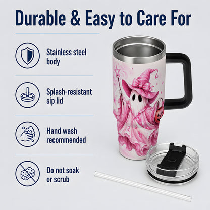 #pl[40oz|Black] Pink Ribbon Witch Ghost Halloween 40oz Tumbler for Awareness Supporters