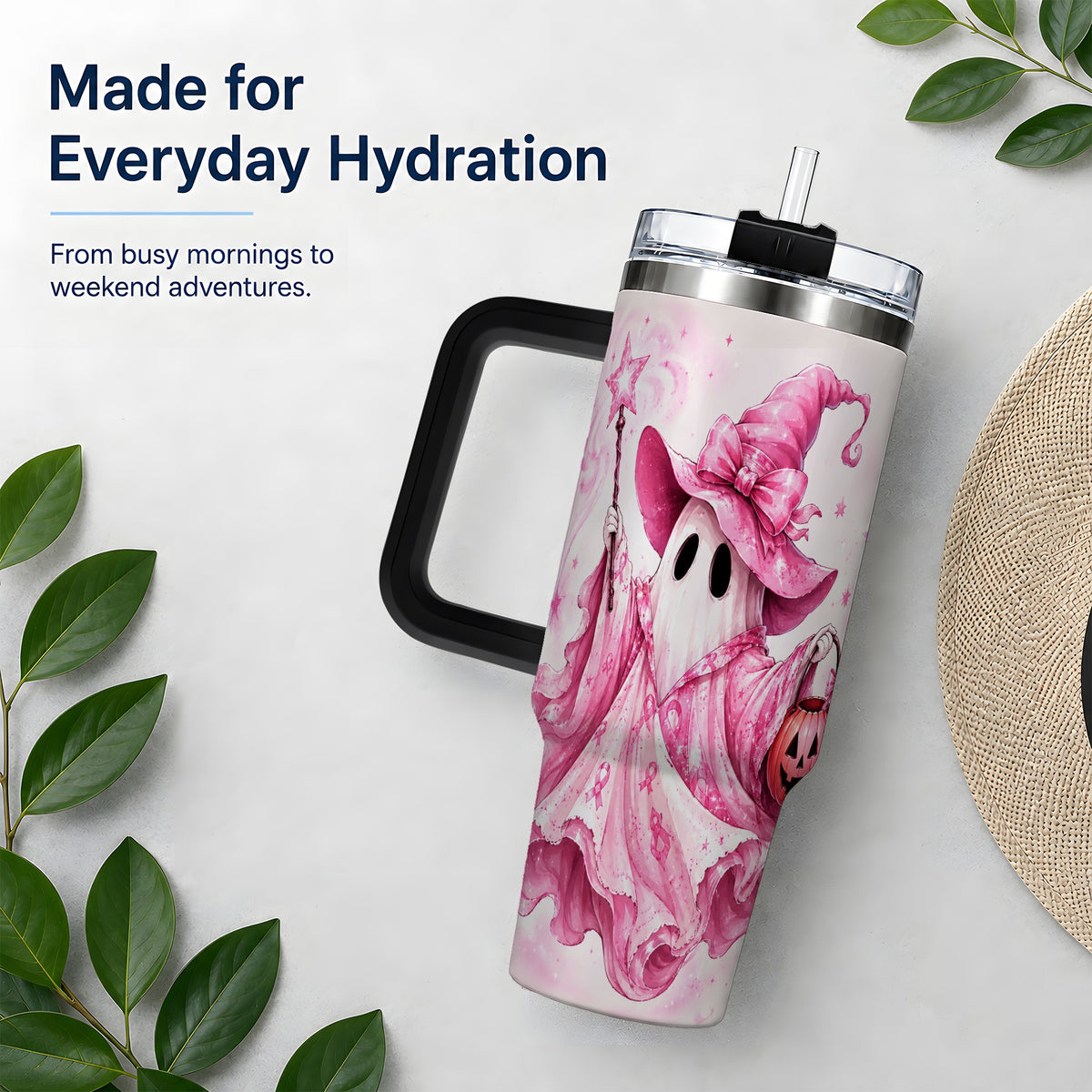 #pl[40oz|Black] Pink Ribbon Witch Ghost Halloween 40oz Tumbler for Awareness Supporters