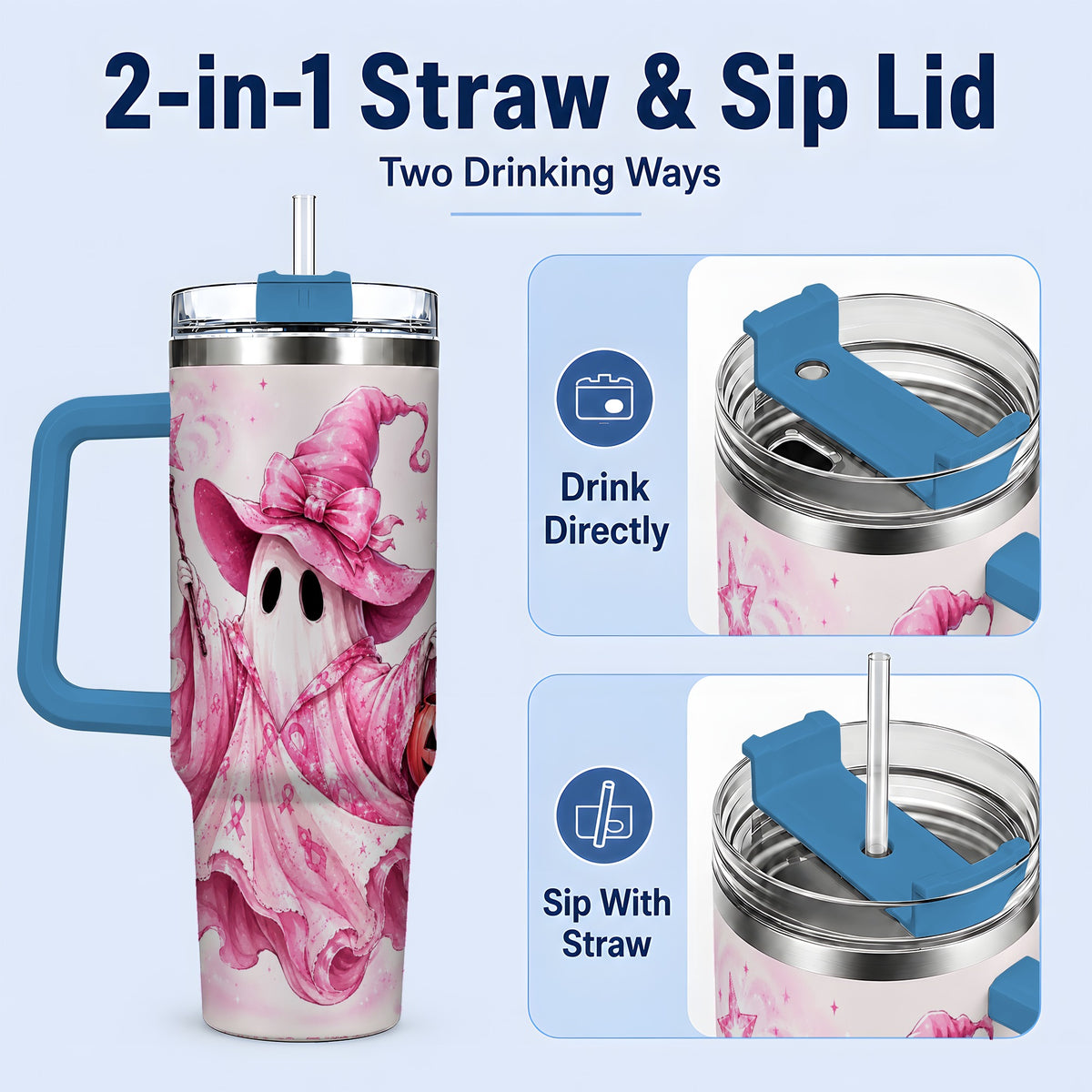 #pl[40oz|Blue] Pink Ribbon Witch Ghost Halloween 40oz Tumbler for Awareness Supporters