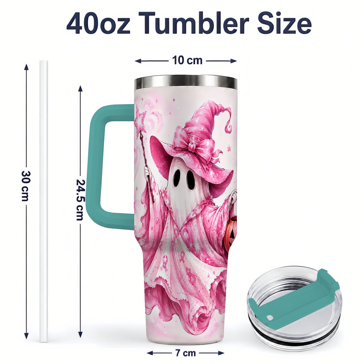 #pl[40oz|Green] Pink Ribbon Witch Ghost Halloween 40oz Tumbler for Awareness Supporters