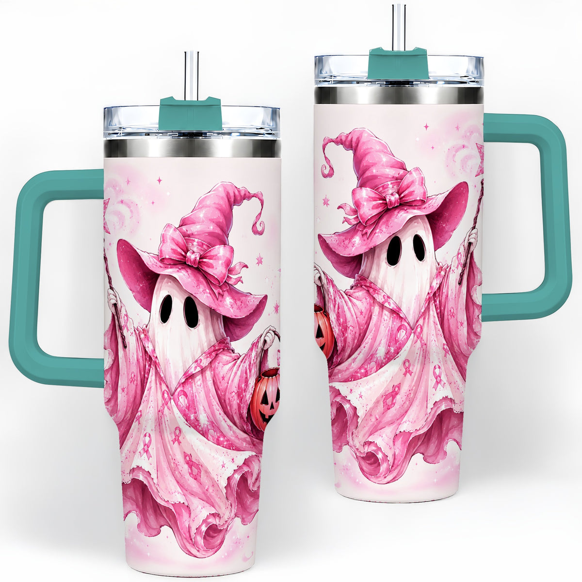#pl[40oz|Green] Pink Ribbon Witch Ghost Halloween 40oz Tumbler for Awareness Supporters