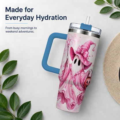 #pl[40oz|Blue] Pink Ribbon Witch Ghost Halloween 40oz Tumbler for Awareness Supporters