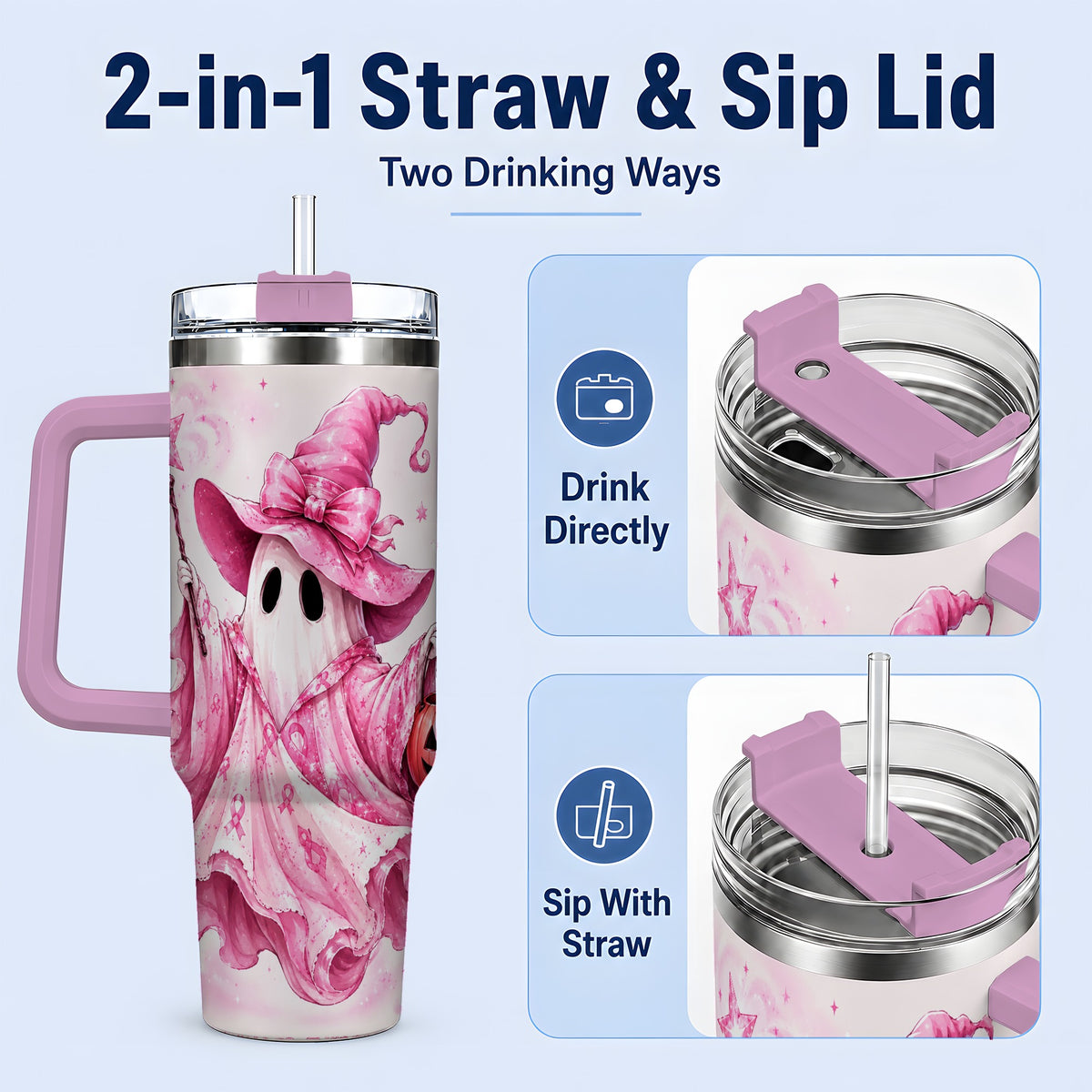 #pl[40oz|Pink] Pink Ribbon Witch Ghost Halloween 40oz Tumbler for Awareness Supporters