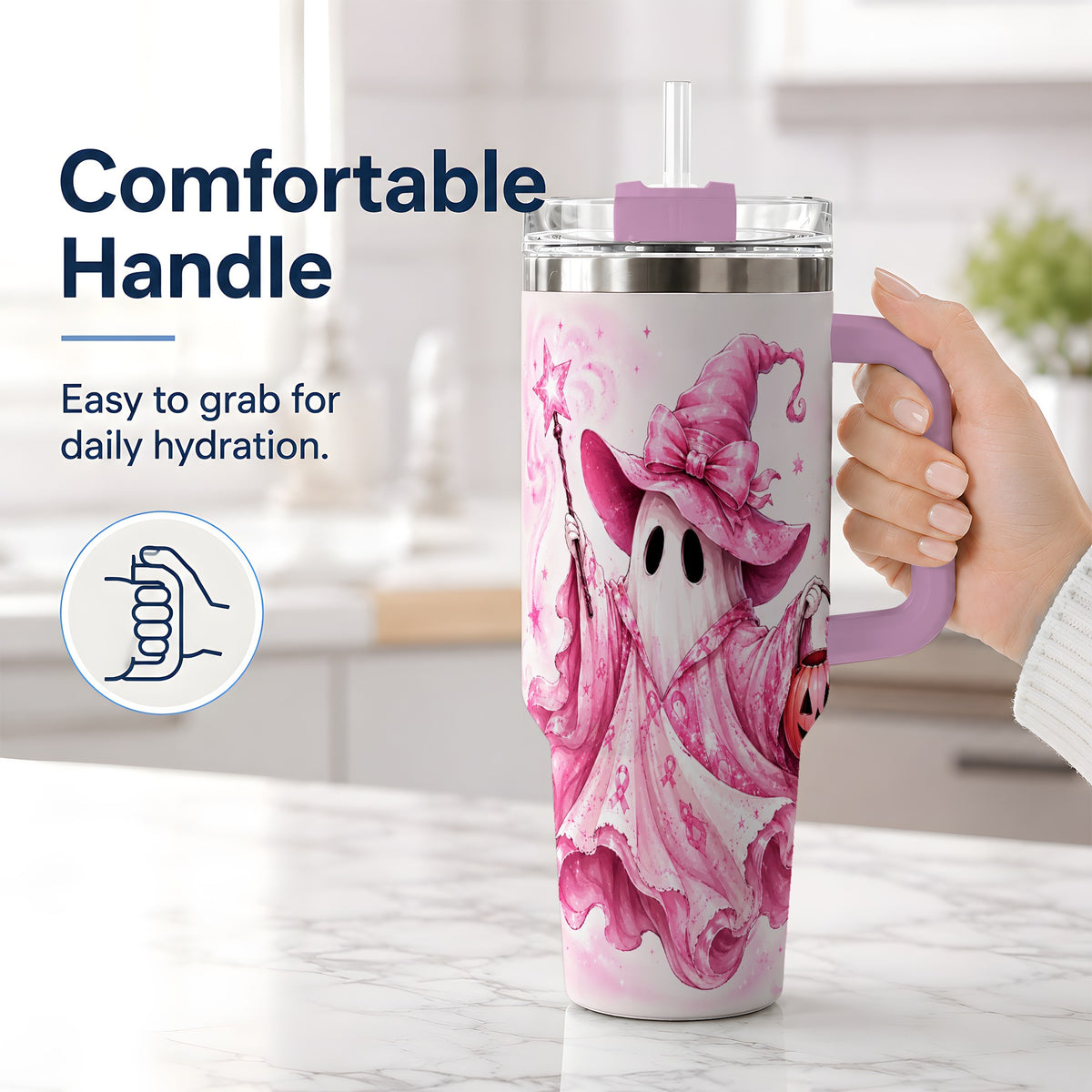 #pl[40oz|Pink] Pink Ribbon Witch Ghost Halloween 40oz Tumbler for Awareness Supporters
