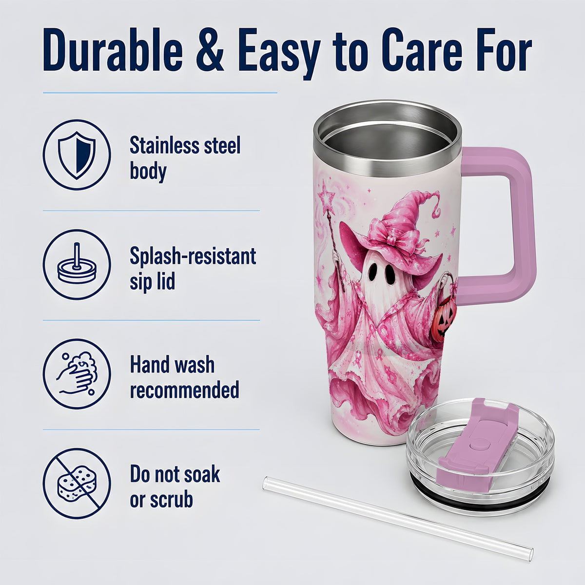 #pl[40oz|Pink] Pink Ribbon Witch Ghost Halloween 40oz Tumbler for Awareness Supporters