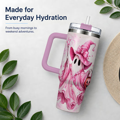 #pl[40oz|Pink] Pink Ribbon Witch Ghost Halloween 40oz Tumbler for Awareness Supporters