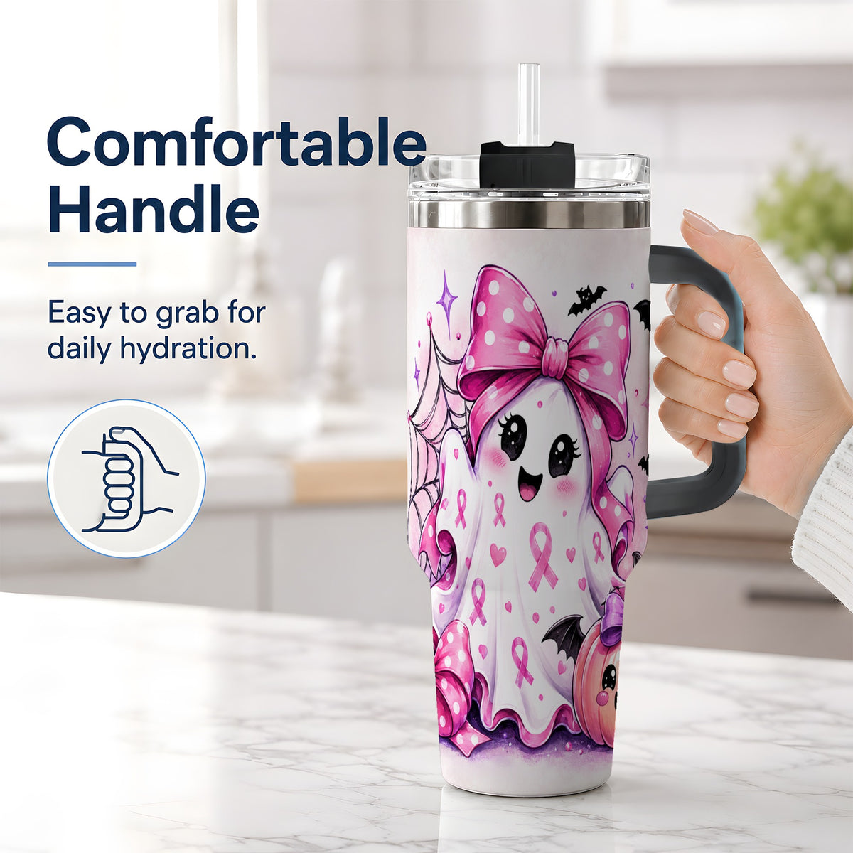 #pl[40oz|Black] Pink Ribbon Cute Ghost Halloween 40oz Tumbler for Awareness Supporters