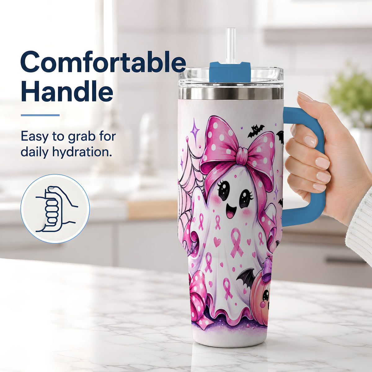 #pl[40oz|Blue] Pink Ribbon Cute Ghost Halloween 40oz Tumbler for Awareness Supporters