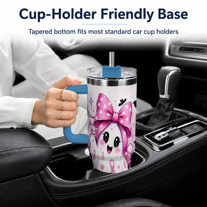 #pl[40oz|Blue] Pink Ribbon Cute Ghost Halloween 40oz Tumbler for Awareness Supporters