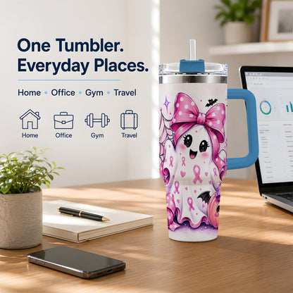 #pl[40oz|Blue] Pink Ribbon Cute Ghost Halloween 40oz Tumbler for Awareness Supporters