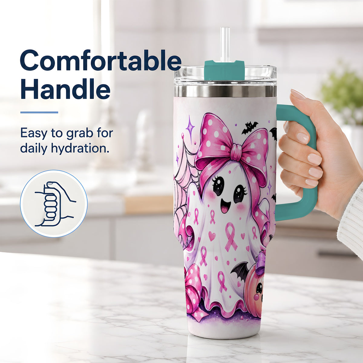 #pl[40oz|Green] Pink Ribbon Cute Ghost Halloween 40oz Tumbler for Awareness Supporters