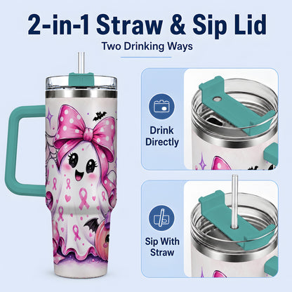 #pl[40oz|Green] Pink Ribbon Cute Ghost Halloween 40oz Tumbler for Awareness Supporters