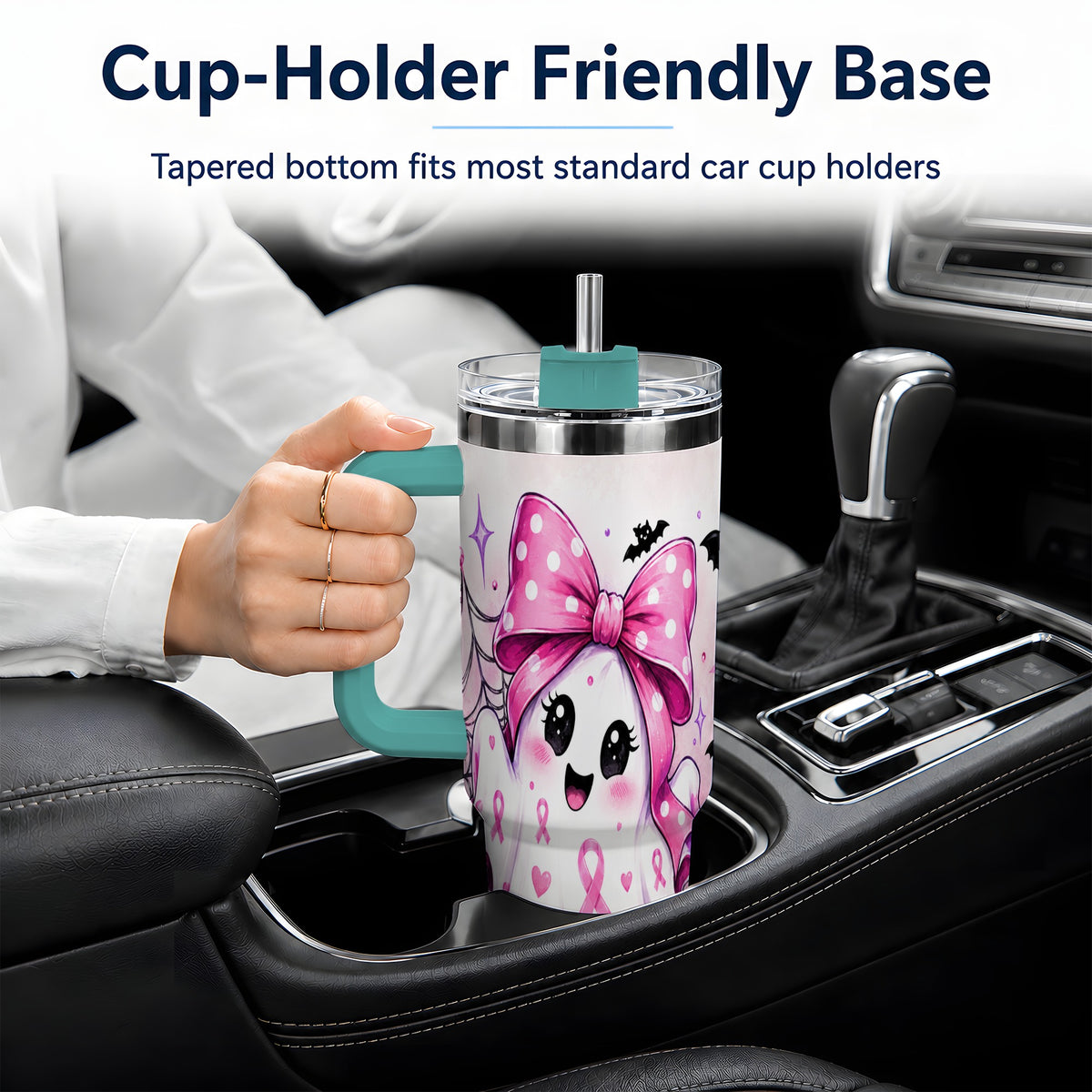 #pl[40oz|Green] Pink Ribbon Cute Ghost Halloween 40oz Tumbler for Awareness Supporters