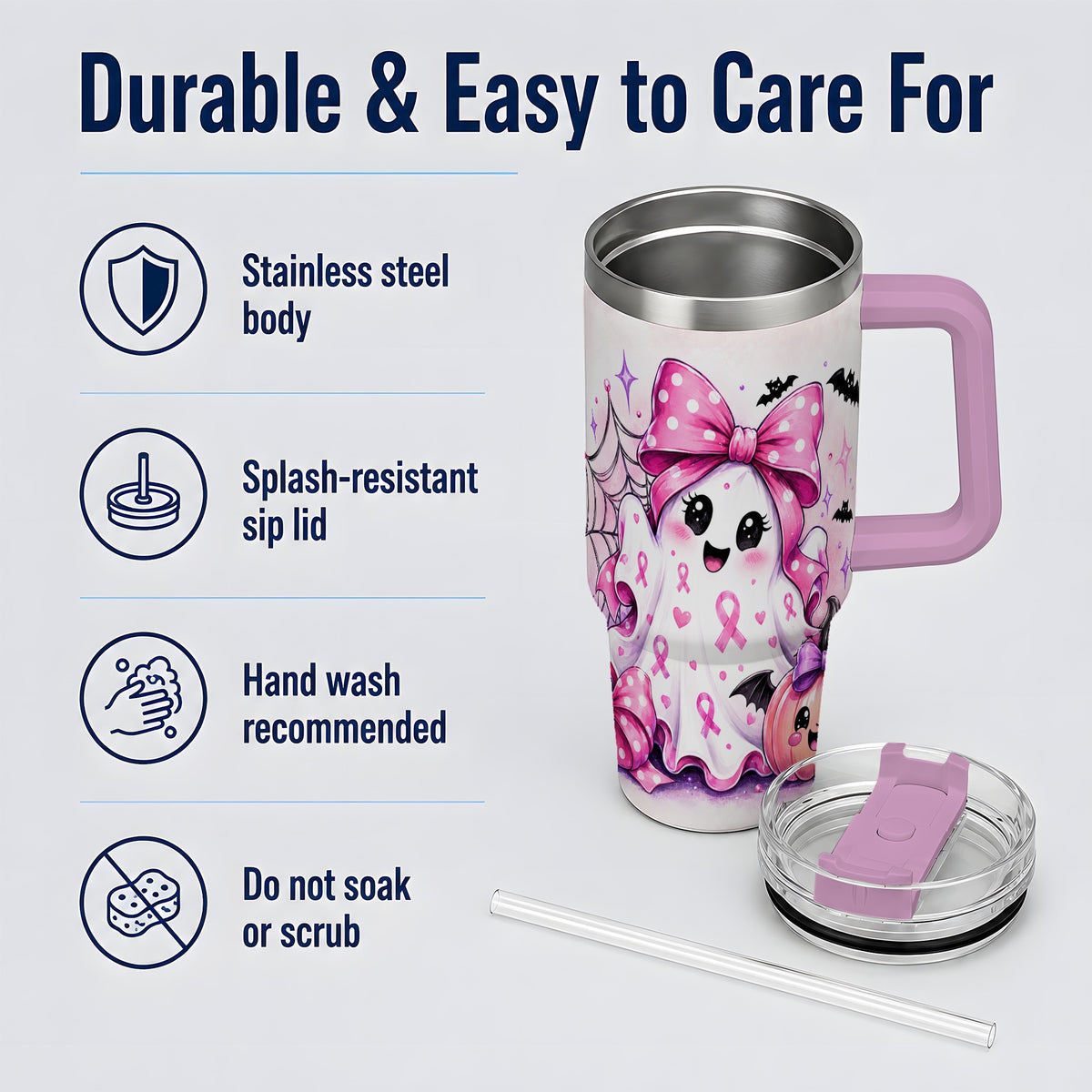 #pl[40oz|Pink] Pink Ribbon Cute Ghost Halloween 40oz Tumbler for Awareness Supporters