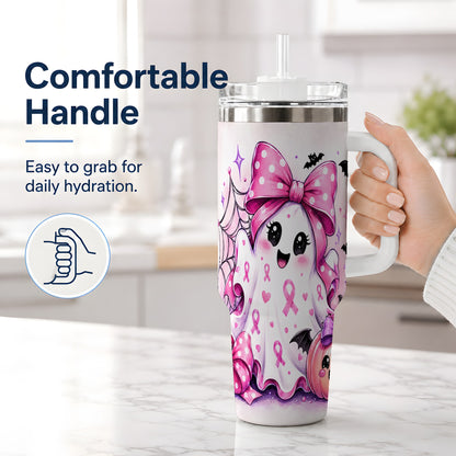 #pl[40oz|White] Pink Ribbon Cute Ghost Halloween 40oz Tumbler for Awareness Supporters
