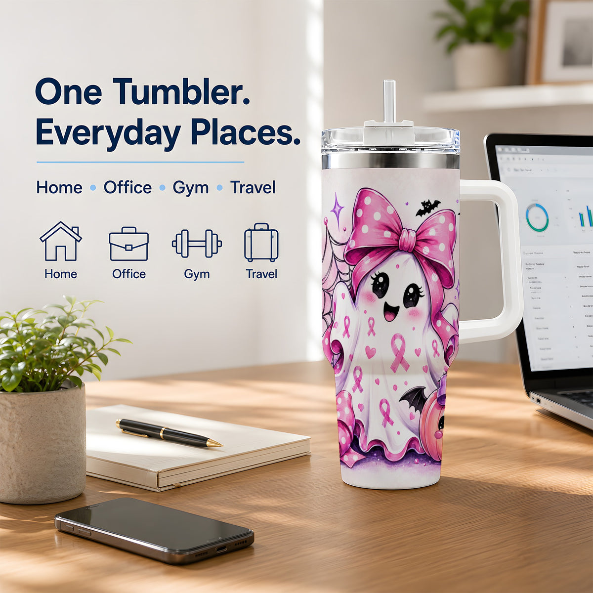 #pl[40oz|White] Pink Ribbon Cute Ghost Halloween 40oz Tumbler for Awareness Supporters