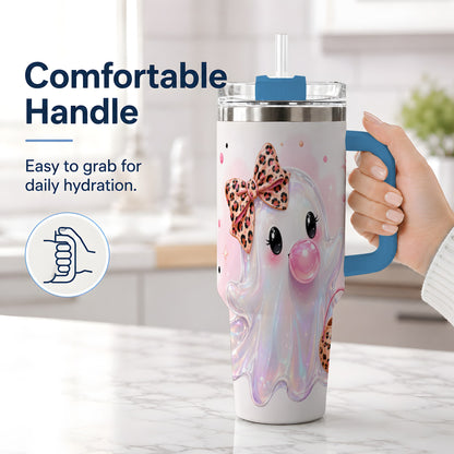 #pl[40oz|Blue] Leopard Bow Cute Ghost Halloween 40oz Tumbler for Spooky Season Fans