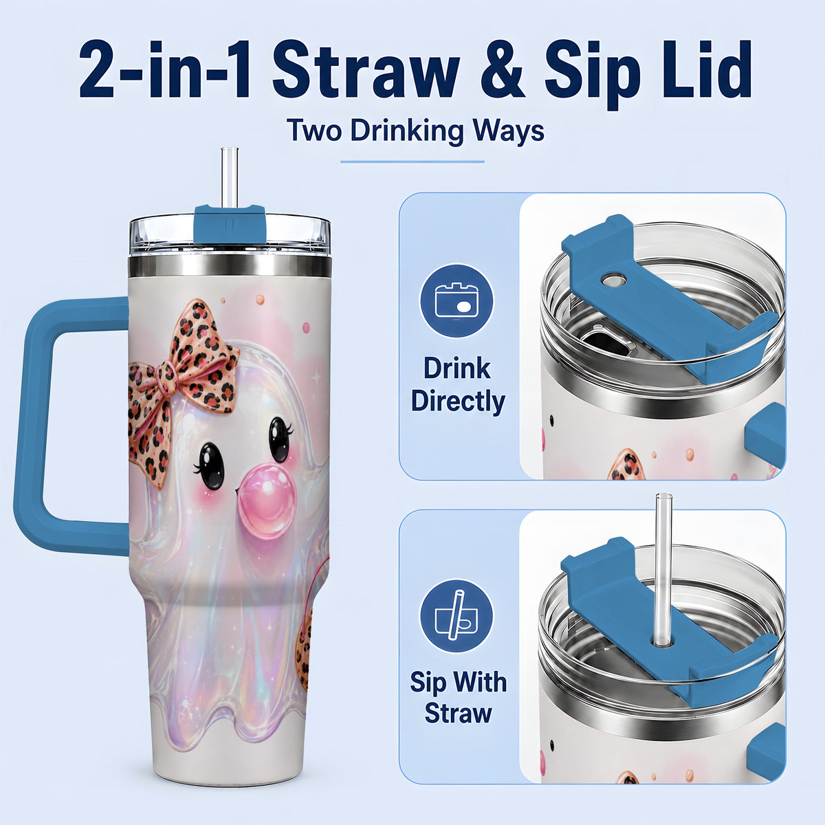 #pl[40oz|Blue] Leopard Bow Cute Ghost Halloween 40oz Tumbler for Spooky Season Fans