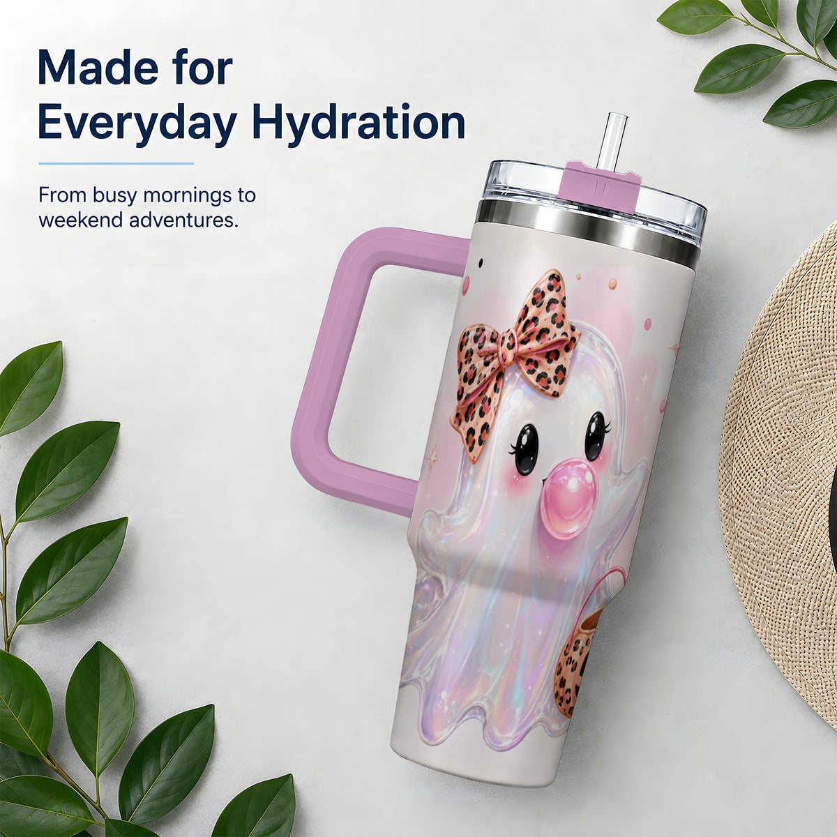 #pl[40oz|Pink] Leopard Bow Cute Ghost Halloween 40oz Tumbler for Spooky Season Fans