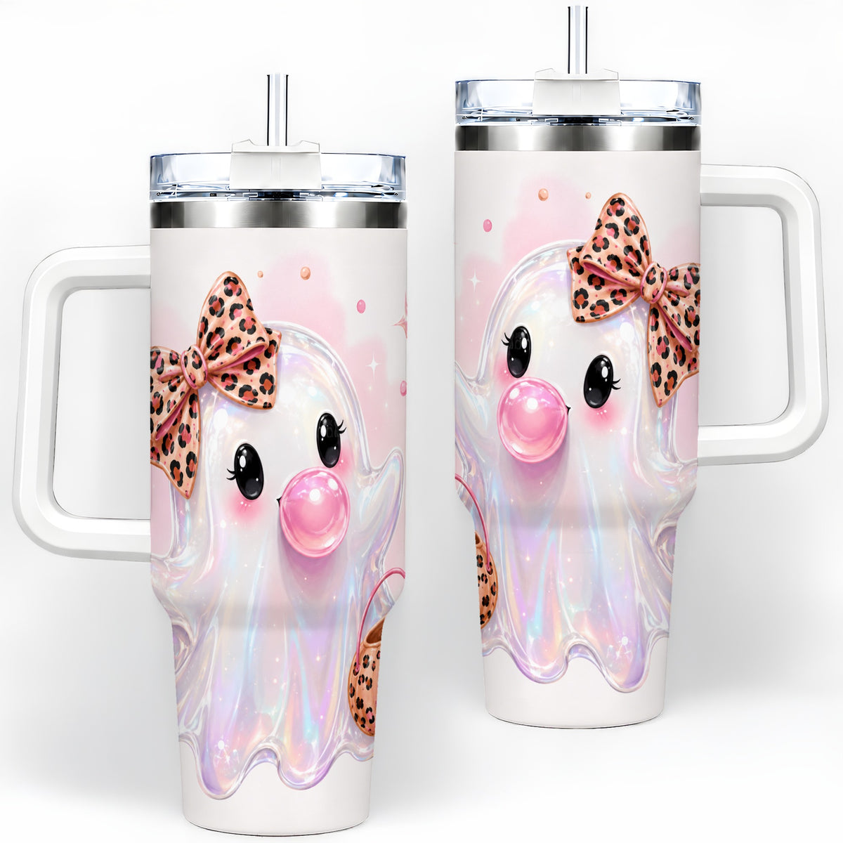 Leopard Bow Cute Ghost Halloween 40oz Tumbler for Spooky Season Fans