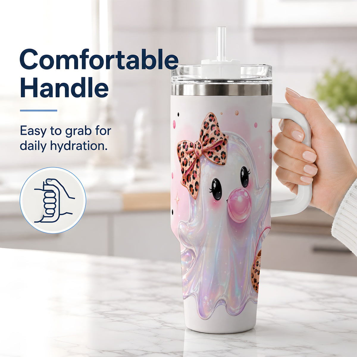 #pl[40oz|White] Leopard Bow Cute Ghost Halloween 40oz Tumbler for Spooky Season Fans