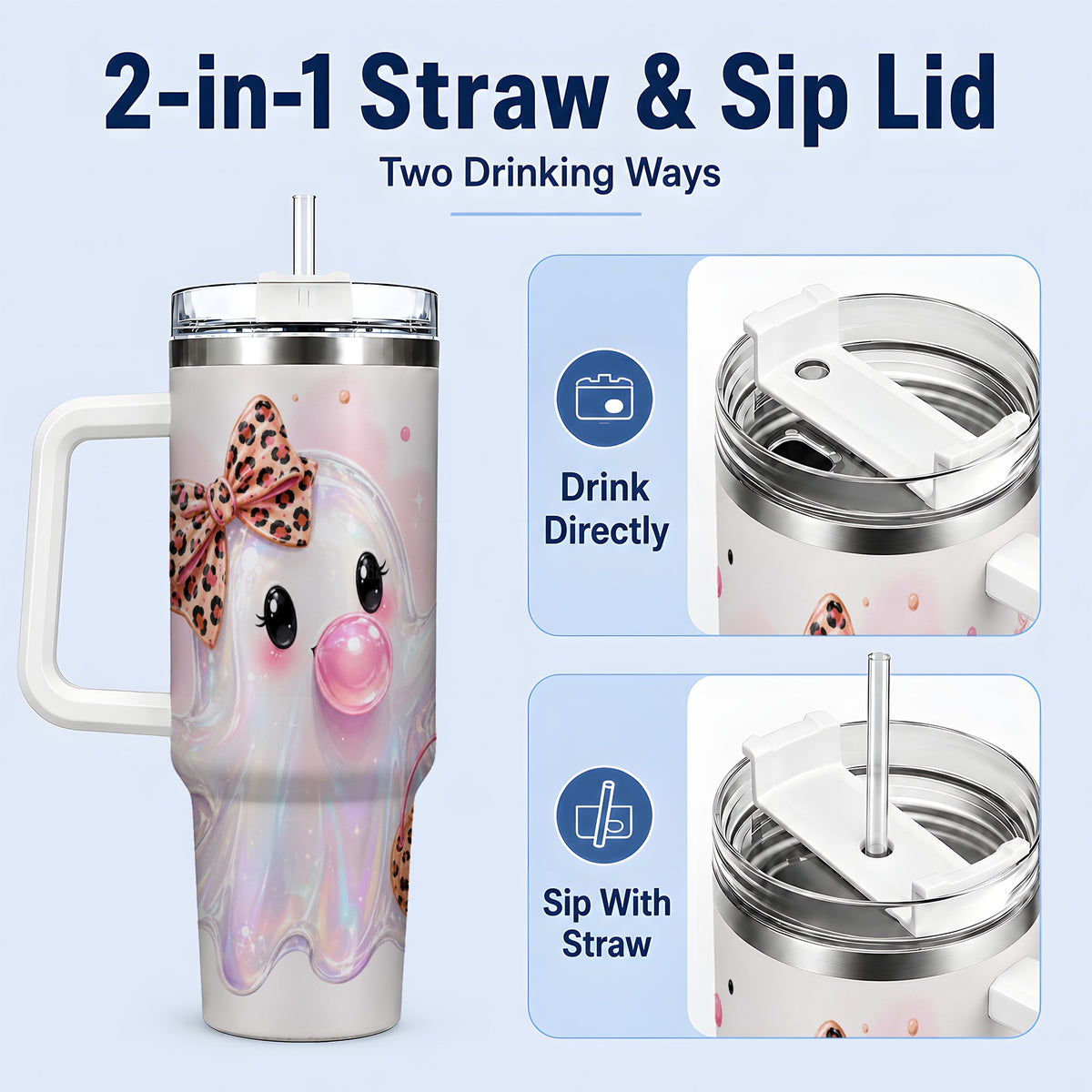 #pl[40oz|White] Leopard Bow Cute Ghost Halloween 40oz Tumbler for Spooky Season Fans