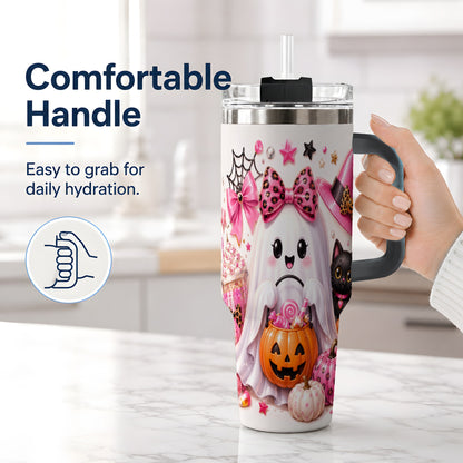 #pl[40oz|Black] Pink Leopard Cute Ghost Halloween 40oz Tumbler for Spooky Season Fans