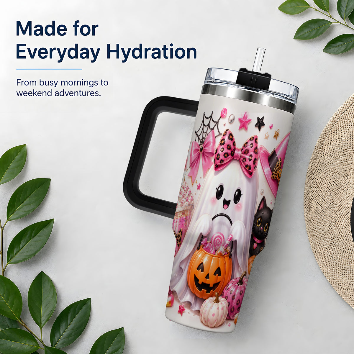 #pl[40oz|Black] Pink Leopard Cute Ghost Halloween 40oz Tumbler for Spooky Season Fans