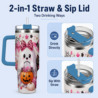 #pl[40oz|Blue] Pink Leopard Cute Ghost Halloween 40oz Tumbler for Spooky Season Fans