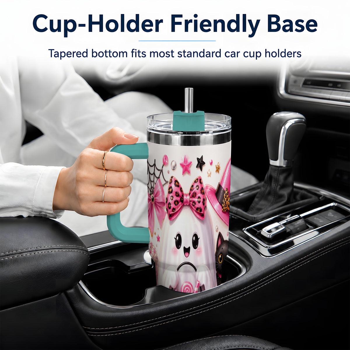 #pl[40oz|Green] Pink Leopard Cute Ghost Halloween 40oz Tumbler for Spooky Season Fans