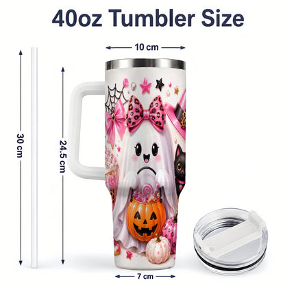 #pl[40oz|White] Pink Leopard Cute Ghost Halloween 40oz Tumbler for Spooky Season Fans