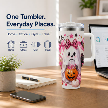 #pl[40oz|White] Pink Leopard Cute Ghost Halloween 40oz Tumbler for Spooky Season Fans
