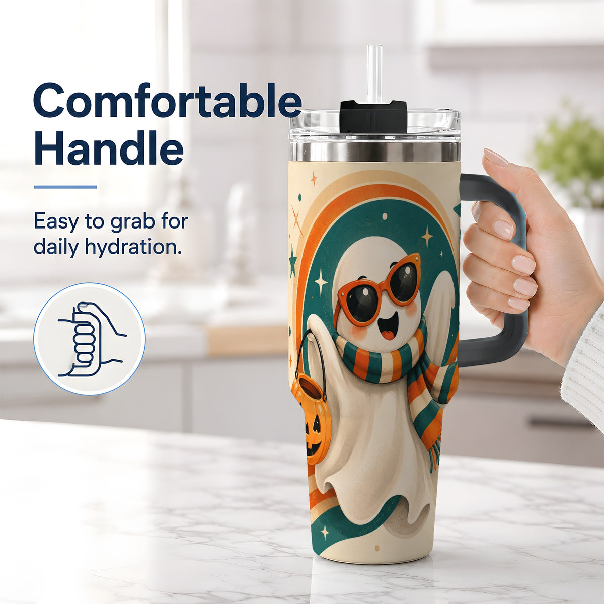 #pl[40oz|Black] Retro Halloween Ghost 40oz Tumbler, Pumpkin Art Stainless Steel Drinkware