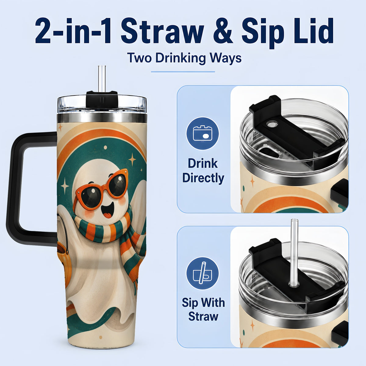 #pl[40oz|Black] Retro Halloween Ghost 40oz Tumbler, Pumpkin Art Stainless Steel Drinkware