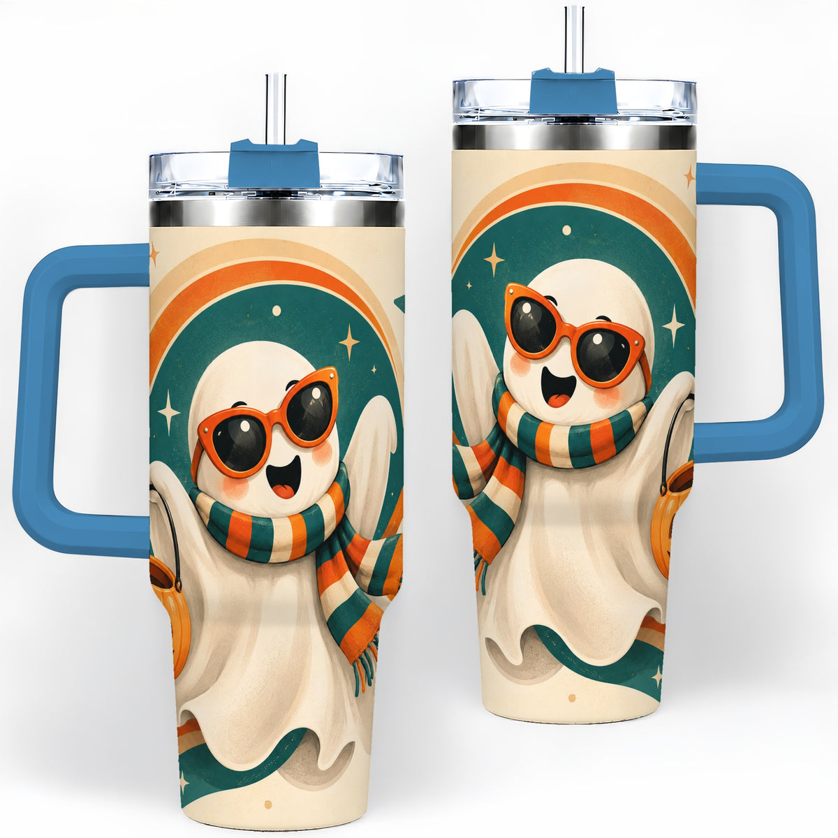 #pl[40oz|Blue] Retro Halloween Ghost 40oz Tumbler, Pumpkin Art Stainless Steel Drinkware