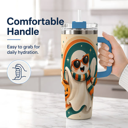 #pl[40oz|Blue] Retro Halloween Ghost 40oz Tumbler, Pumpkin Art Stainless Steel Drinkware