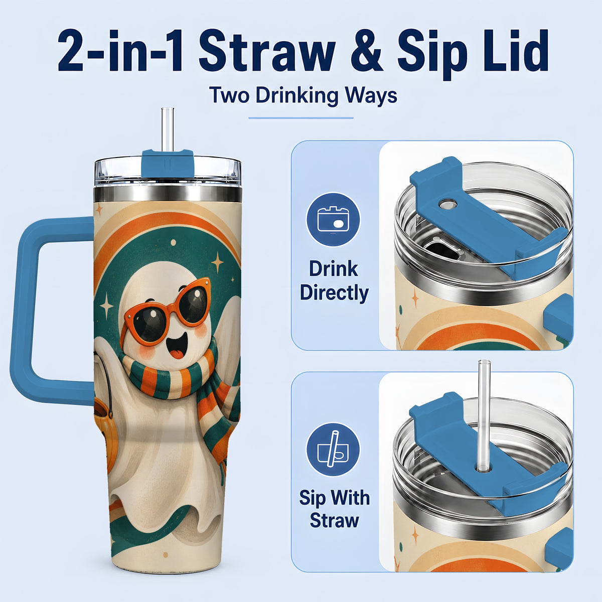 #pl[40oz|Blue] Retro Halloween Ghost 40oz Tumbler, Pumpkin Art Stainless Steel Drinkware
