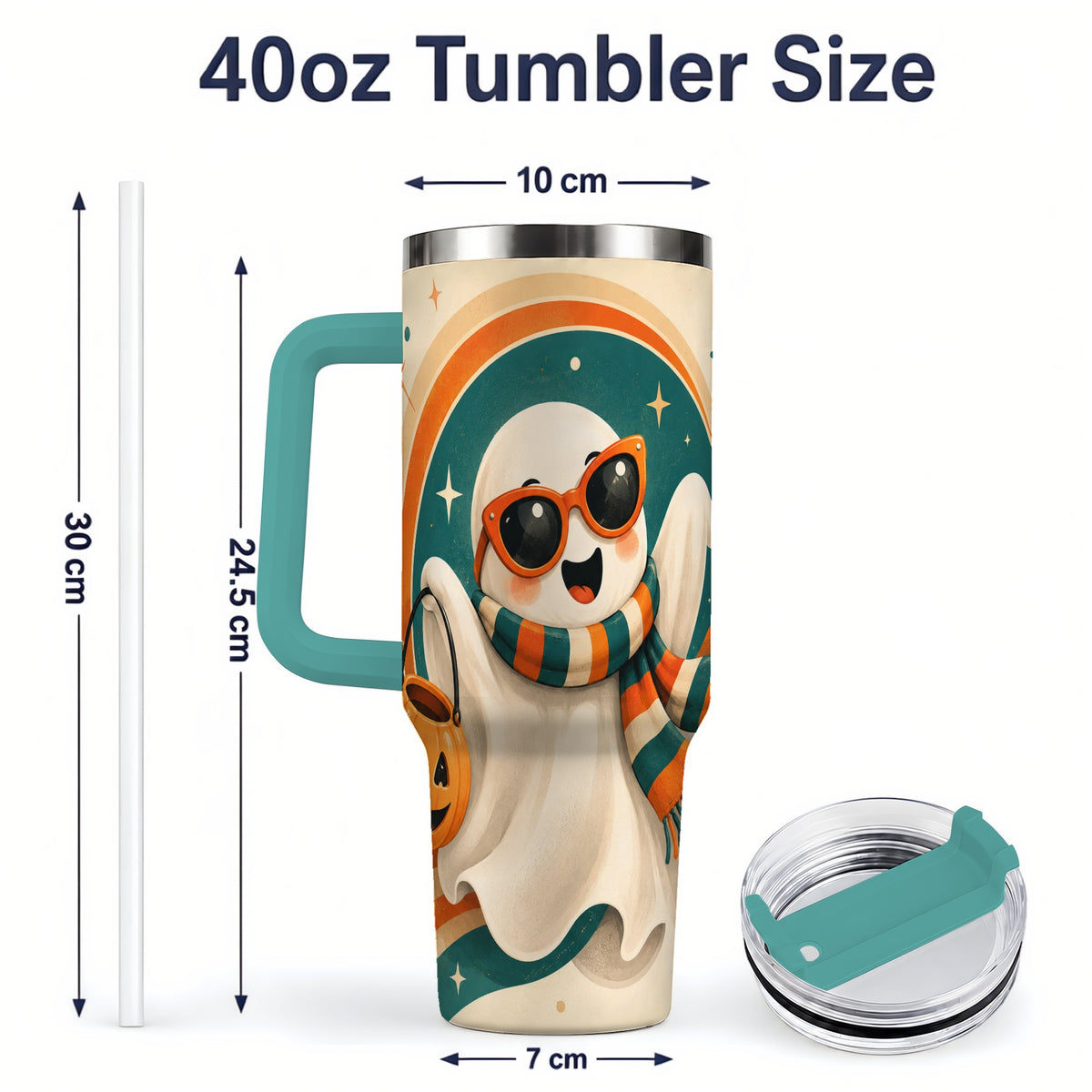 #pl[40oz|Green] Retro Halloween Ghost 40oz Tumbler, Pumpkin Art Stainless Steel Drinkware