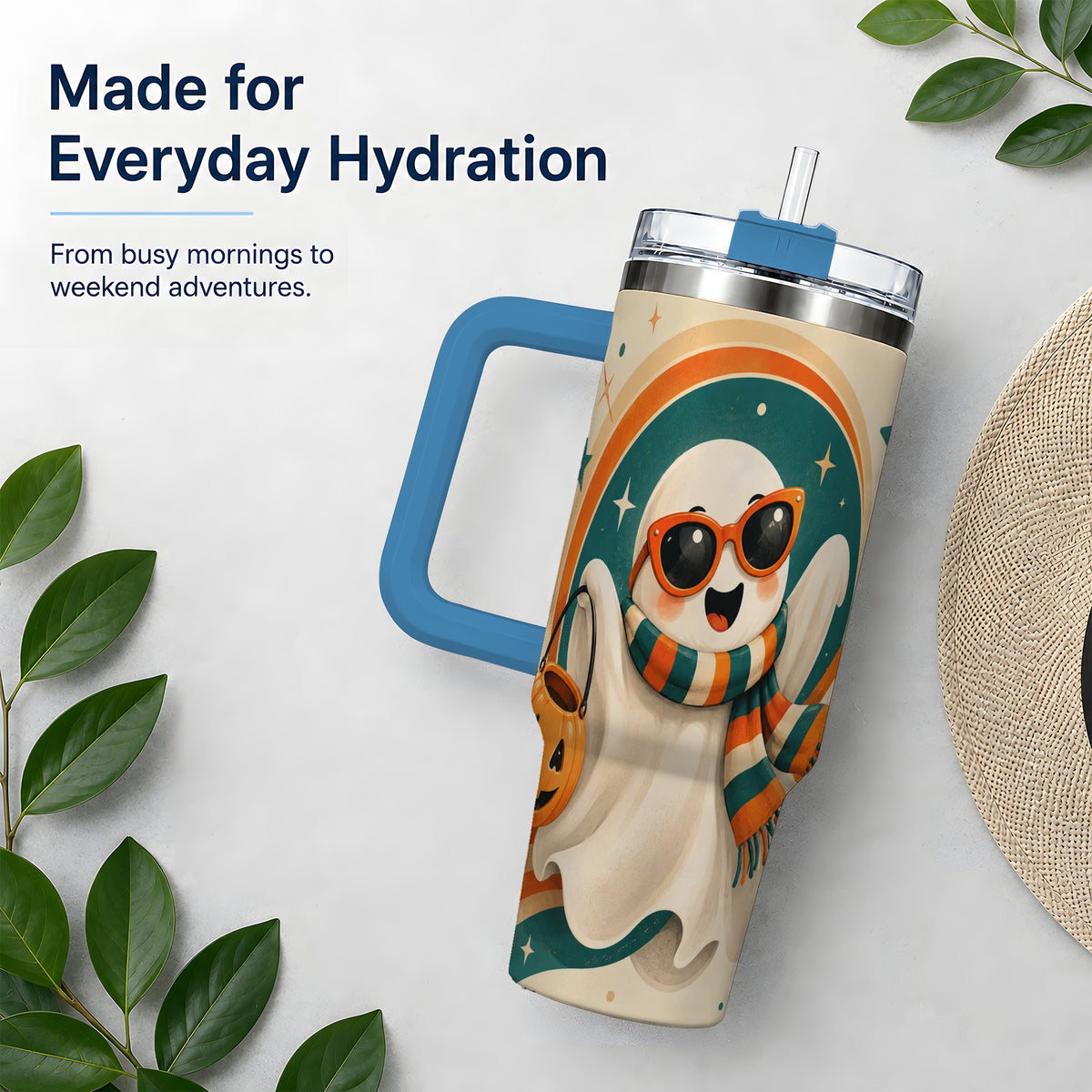 #pl[40oz|Blue] Retro Halloween Ghost 40oz Tumbler, Pumpkin Art Stainless Steel Drinkware